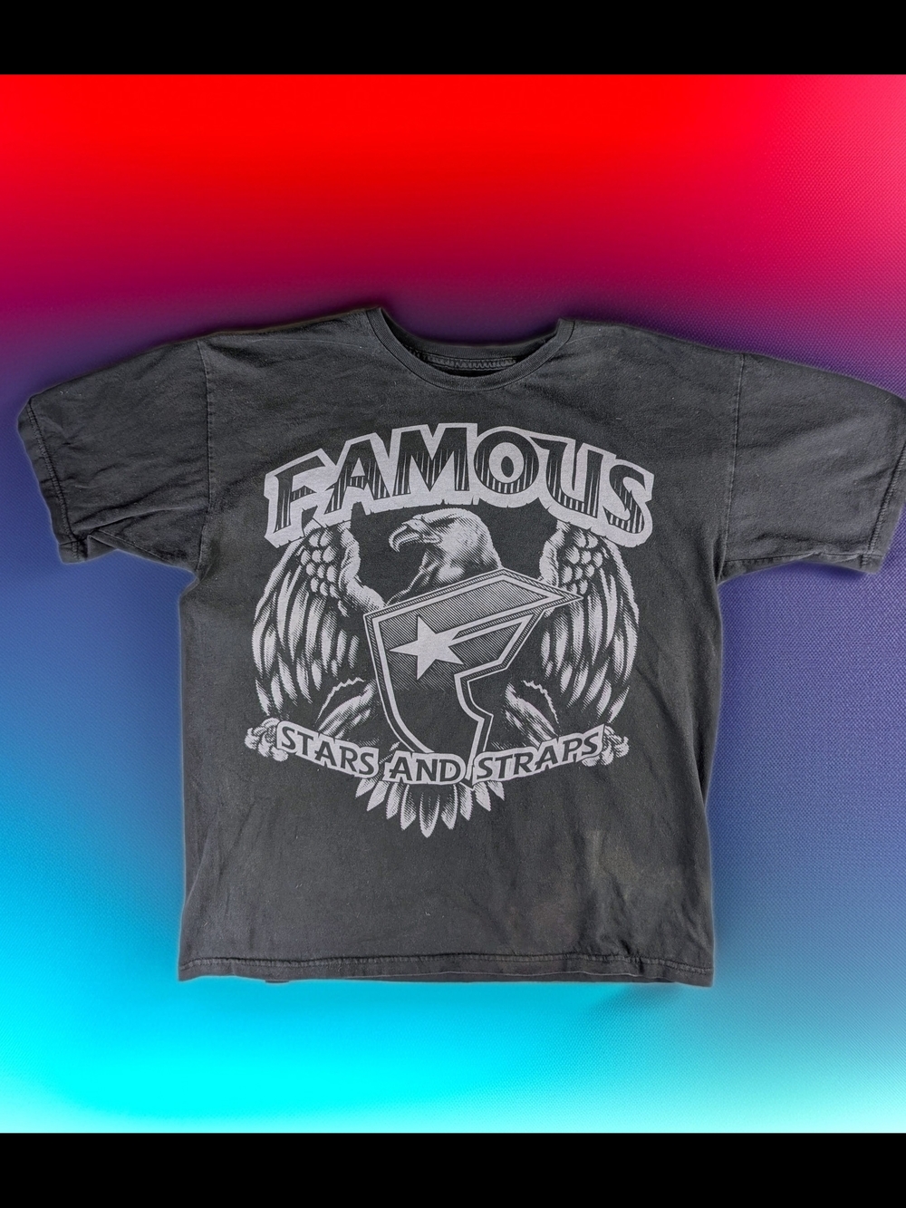 Y2K Famous Stars & Straps Black Cotton Graphic Logo Crew Neck Men's L T-Shirt